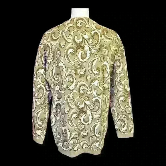 SAVILLE - RENA ROWAN Woman's SAGE GREEN w/IVORY Print Cardigan Tunic Sweater Sm - Picture 2 of 4